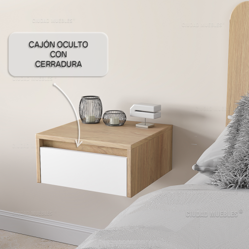 Caja de seguridad, mesa de luz flotante con cajón oculto y cerradura