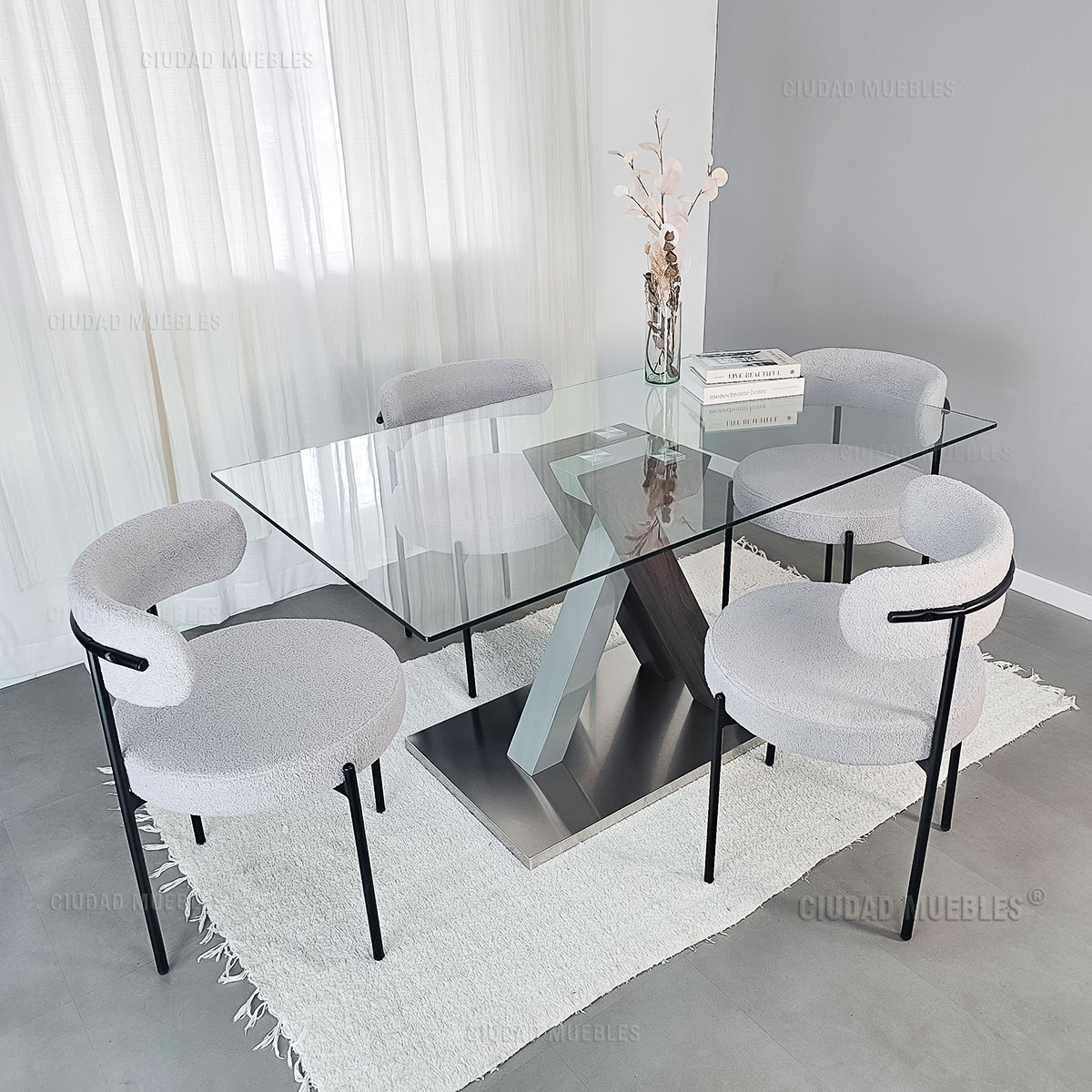 Silla Comedor Tapizada Tela Bouclé Gris Diseño Nórdico - Imagen 6