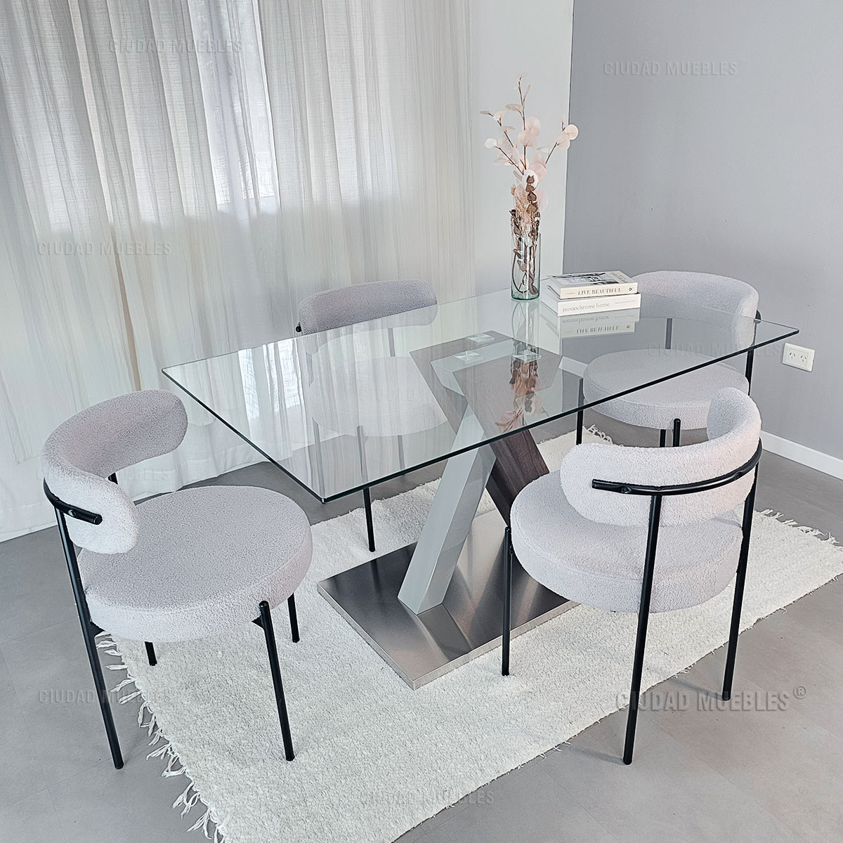 Silla Comedor Tapizada Tela Bouclé Gris Diseño Nórdico - Imagen 4