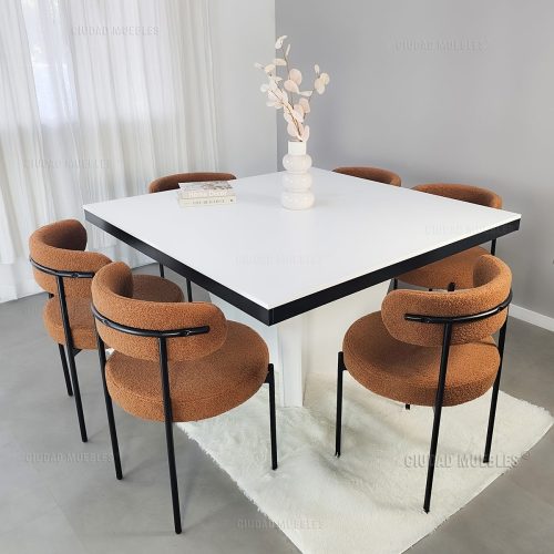 Juego De Comedor Para 6 Personas De Sillas En Tela Boucle + Mesa De Comedor Cuadrada 130 x 130 Cm