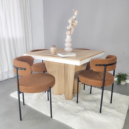 Juego de Comedor 4 Personas De Sillas En Tela Boucle + Mesa de Comedor Cuadrada 100 x 100 cm